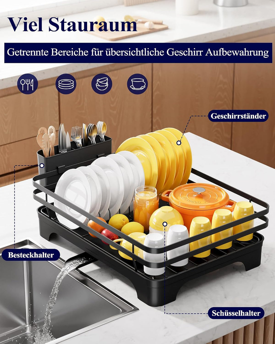Kitsure Abtropfgestell Geschirr Geschirrgestell für die Küchentheke mit Besteckhalter, rostfreie Auf