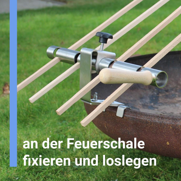 Premium Steckerlfisch Halter für Feuerschale - Platz für 4 Fische - Fisch Grill Aufsatz passt auf Je