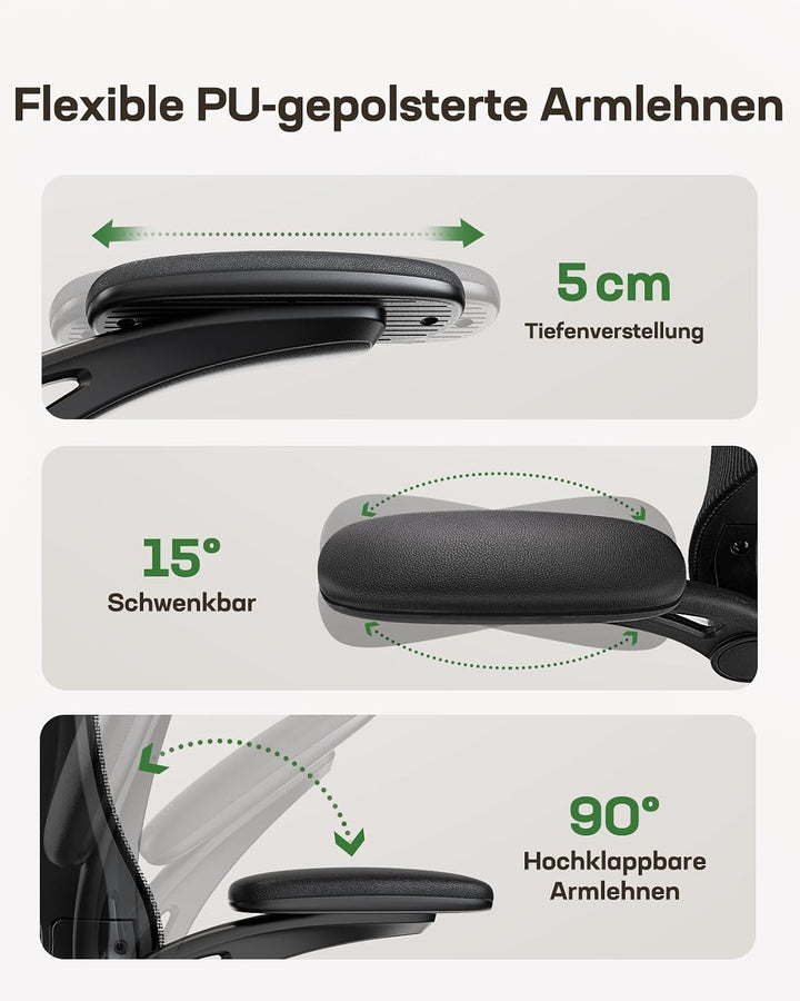 Marsail Bürostuhl Ergonomisch, Schreibtischstuhl mit 3D PU Armlehnen und Verstellbarer Lendenwirbels