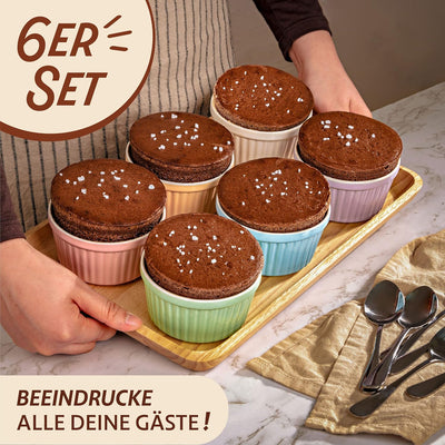 6 Souffle Förmchen aus Keramik - Backofenfest - 200 ml - 9 cm - Stapelbar - Mit Antihaftbeschichtung