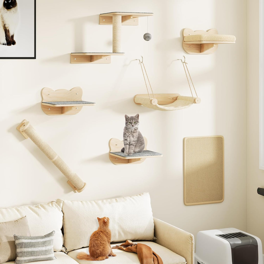 YITAHOME Katzenkletterwand-Set, Stabiler Holz Katzenmöbel, 7-Teilig Katzen Wandelemente mit Katzentr