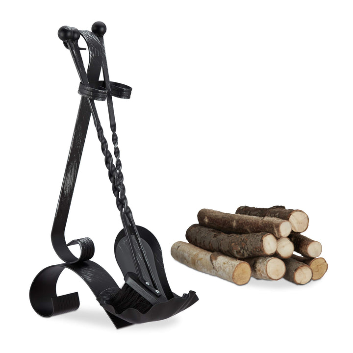 Relaxdays Gusseisen, schwarz Kaminbesteck antik, 4-TLG Kamingarnitur mit Schaufel, Besen und Schürha