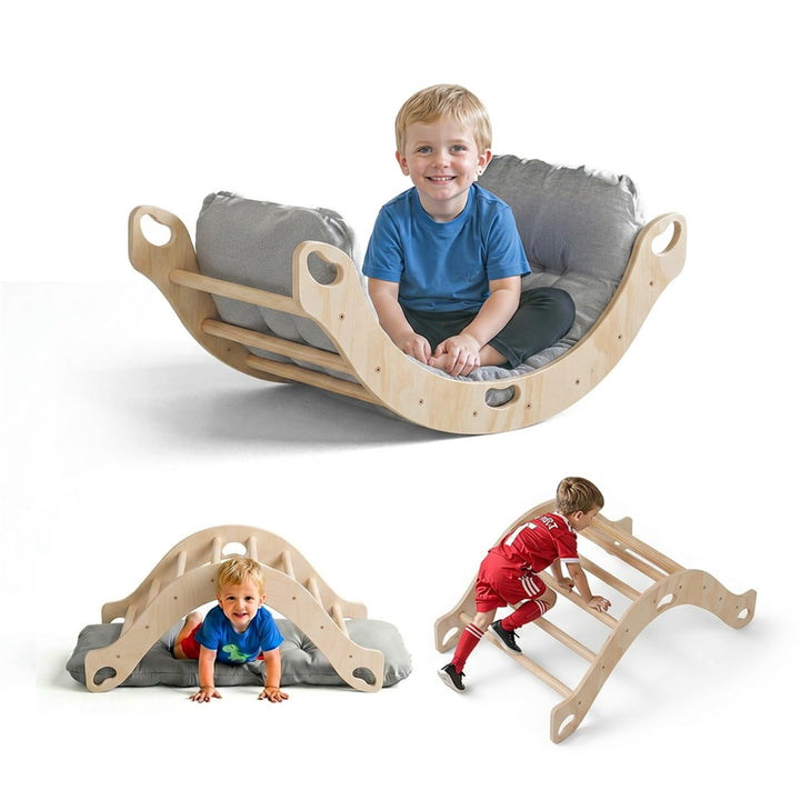 COSYLAND Montessori Kletterbogen mit Kissen, Kletterbogen ab 1 Jahr, Holzwippe für Kinder, Motorik-S