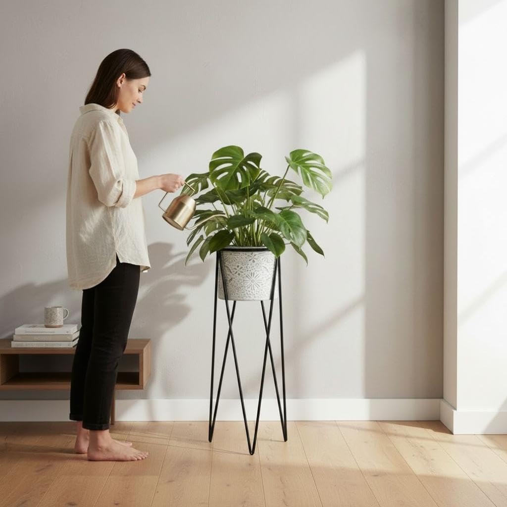 DanDiBo Blumenhocker mit Topf Metall Schwarz Weiss L 75 cm Blumenständer 96043 Blumensäule Modern Pf