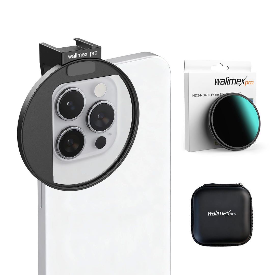 Walimex pro Filterhalter 67 mm für Handykamera, inkl. ND2-ND400 Filter 67 mm, Cold Shoe Mount für LE