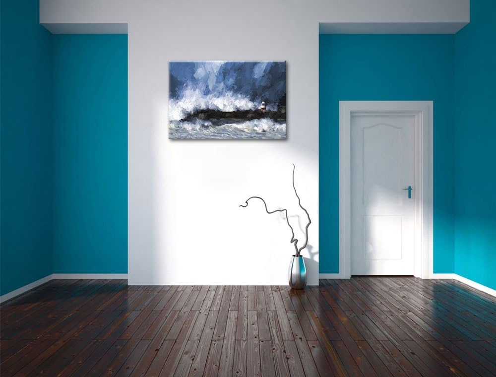 Pixxprint Tobendes Meer mit Leuchtturm Pinsel Effekt, Format: 100x70 auf Leinwand, XXL riesige Bilde
