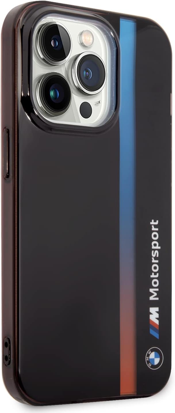 BMW Handyhülle für iPhone 14 Pro in Schwarz IML Strip Fading Tricolor, Anti-Kratzer PC/TPU, bequeme