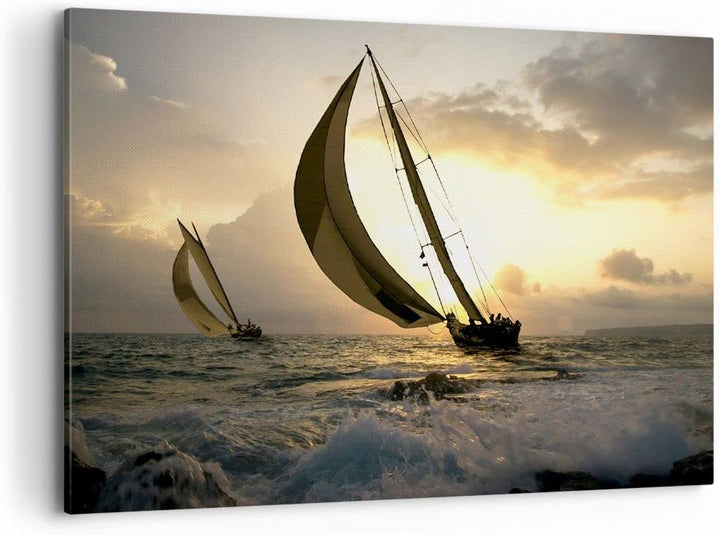 Bilder auf Leinwand 100x70cm Leinwandbild Schiff Sonnenuntergang Sonne Landschaft Gross Wanddeko Bil