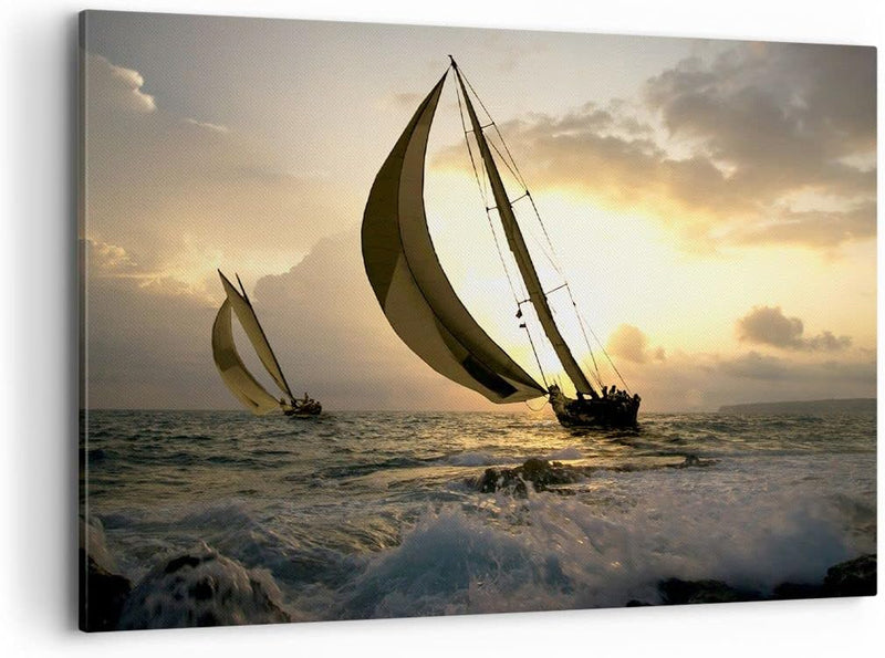 Bilder auf Leinwand 100x70cm Leinwandbild Schiff Sonnenuntergang Sonne Landschaft Gross Wanddeko Bil