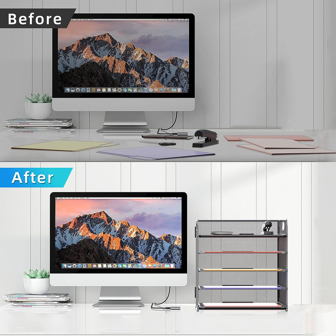 Supeasy 5 Ablagen Papier-Organizer Briefablage mit Griff-Netz, Schreibtisch-Organizer, grauer Papier