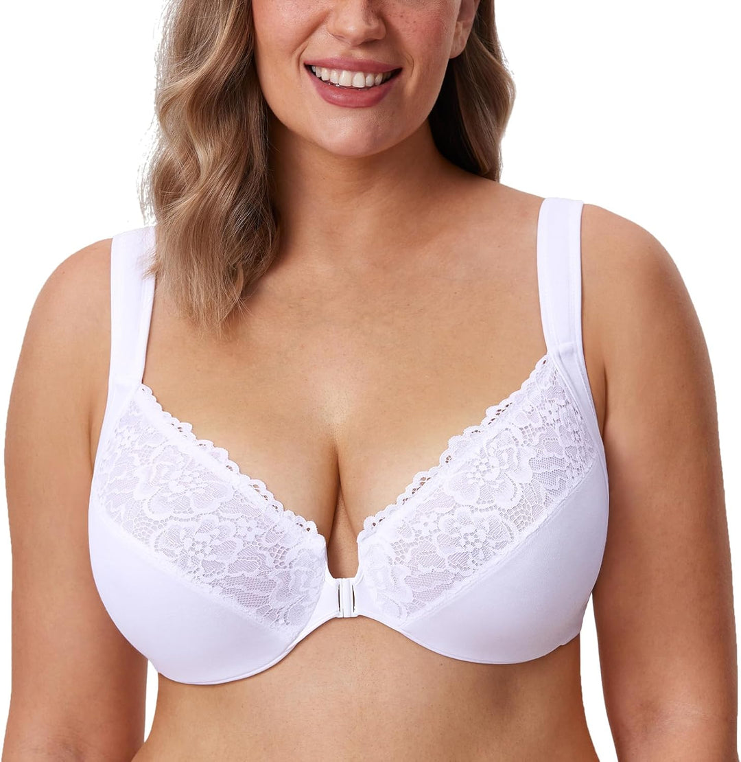 DELIMIRA Damen Vorderverschluss BH mit Bügel BHS Grosse Brüste Starker Halt Soft Spitzen U-Rücken Un