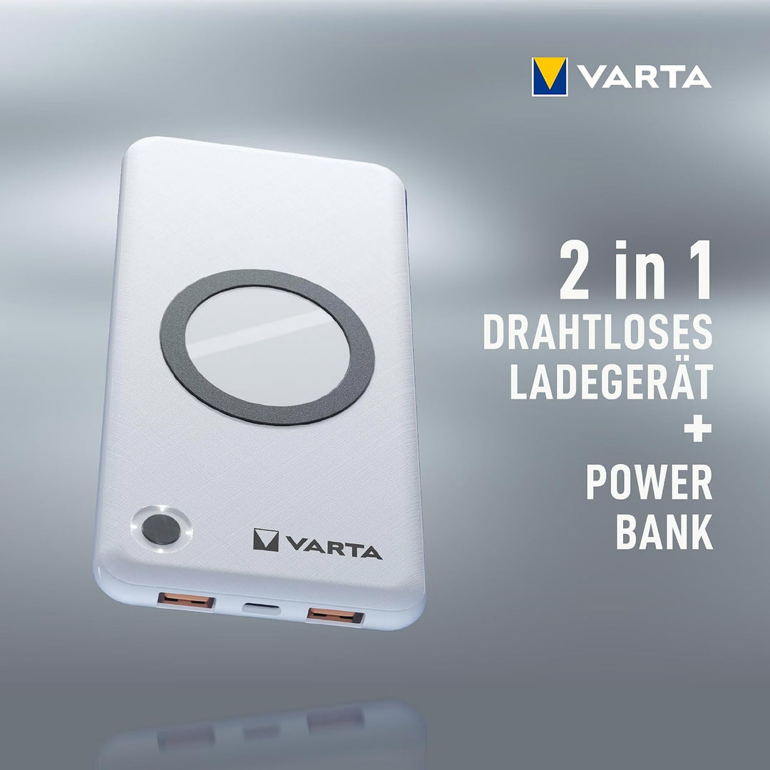 VARTA 2 in 1 Power Bank und Wireless Charger, kabelloses Ladegerät, Powerbank 10000mAh, Qi Ladestati