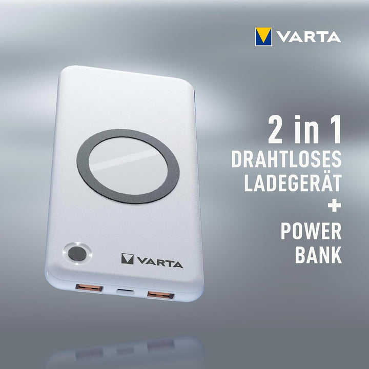VARTA 2 in 1 Power Bank und Wireless Charger, kabelloses Ladegerät, Powerbank 10000mAh, Qi Ladestati