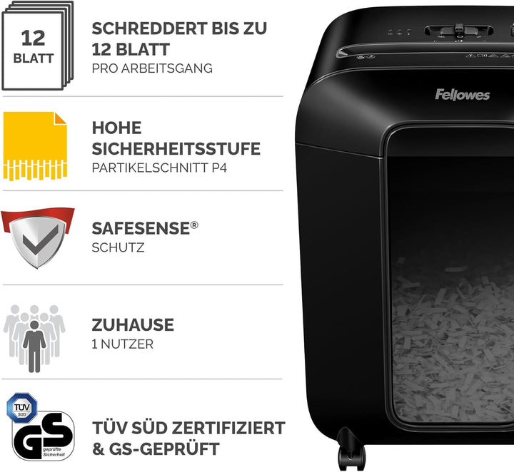 Fellowes Aktenvernichter 12 Blatt (P4), Papierschredder mit Cross-Cut für Homeoffice und Büro, LX85,