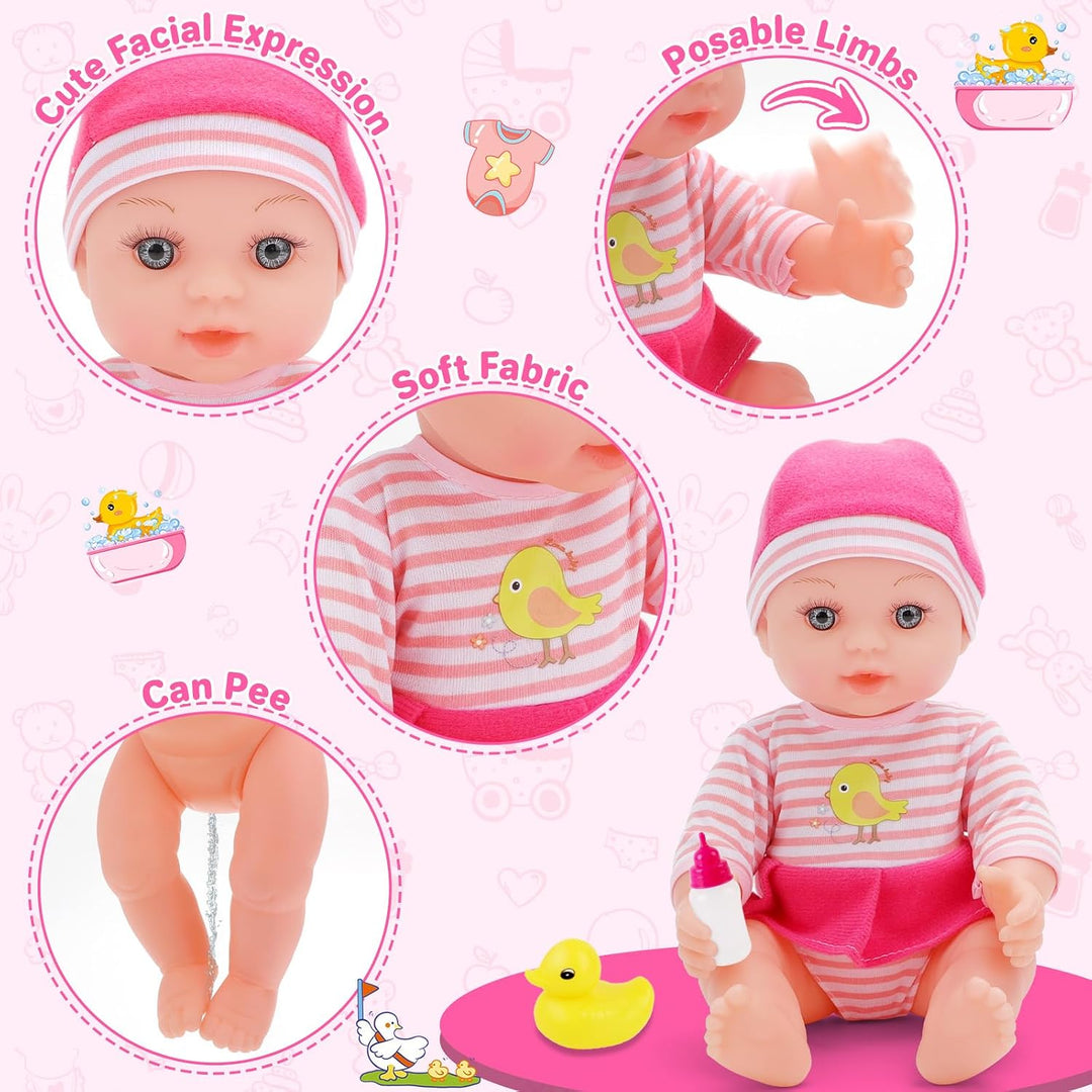 deAO Baby Puppe mit Badewanne und Zubehör, 30cm Badepuppe für Mädchen | mit Funktionierender Dusche