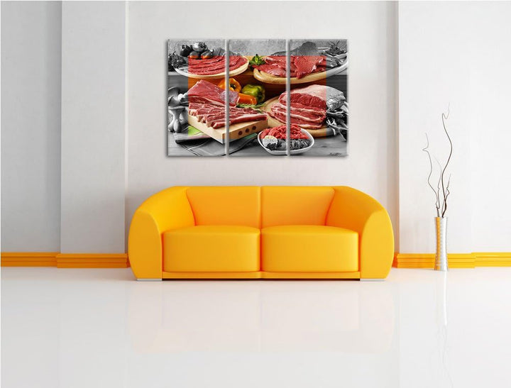 Saftige Fleisch Variationen schwarz/weiss 3-Teiler Leinwandbild 120x80 Bild auf Leinwand, XXL riesig