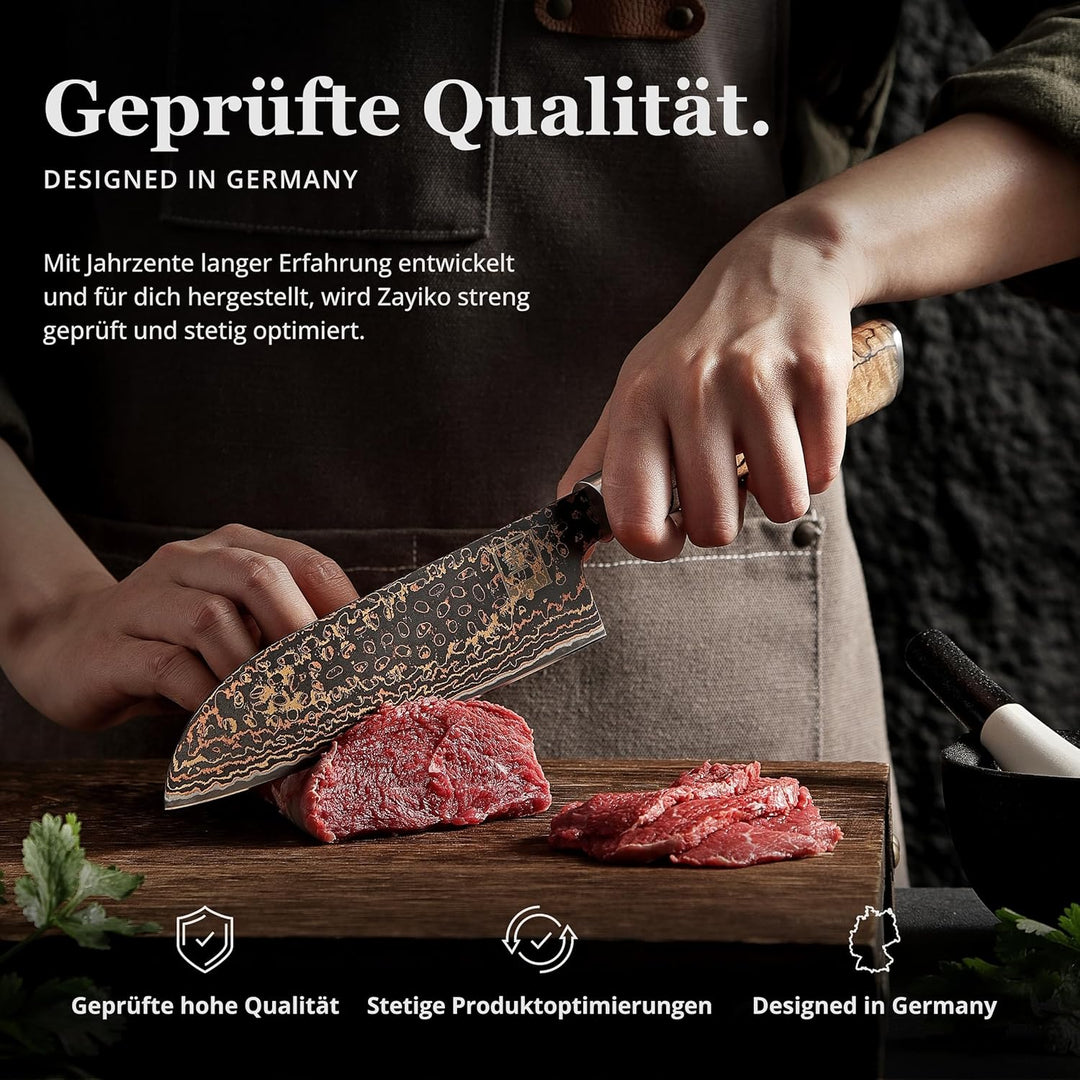 zayiko BlackMagma Damastmesser Santoku I 16,5 cm Klinge aus Damaststahl mit Kupfer & Bronze sowie Ah