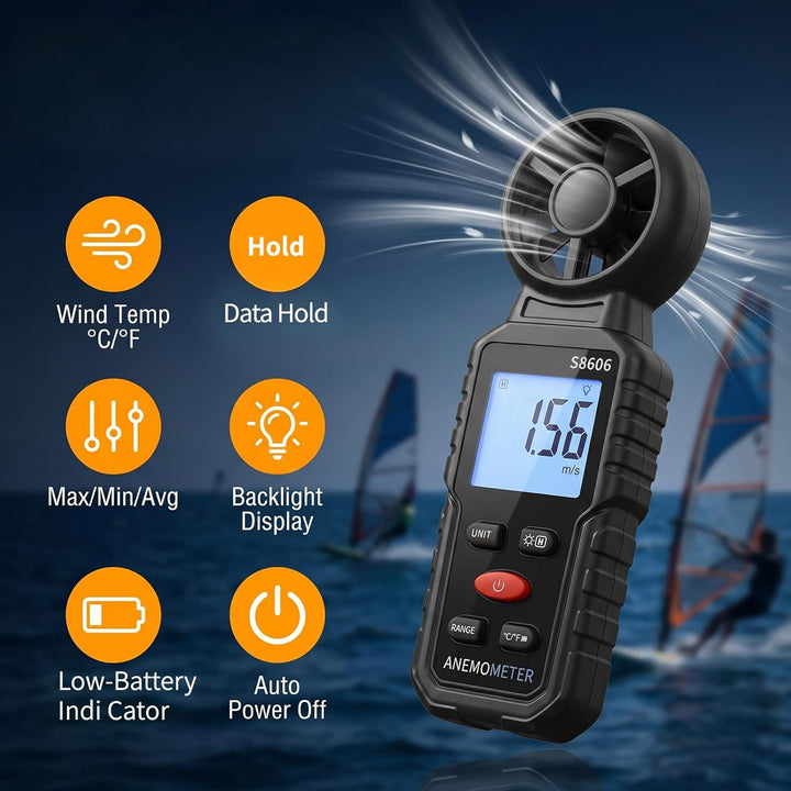 Handheld Digital Anemometer Windmesser 3 in 1, Temperatur- und Windchillanzeige, Luftstrom- und Luft