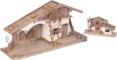 Unbekannt Grosses Krippenset Holzhaus 80cm + Haus 27cm + Krippen Zubehör mit Brunnen Holzhaufen Stal