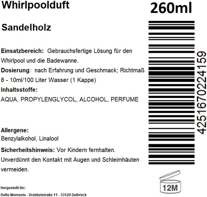 Dufte Momente | Whirlpool Duft Sandelholz 260ml | mit naturreinen und natürlichen ätherischen Ölen |