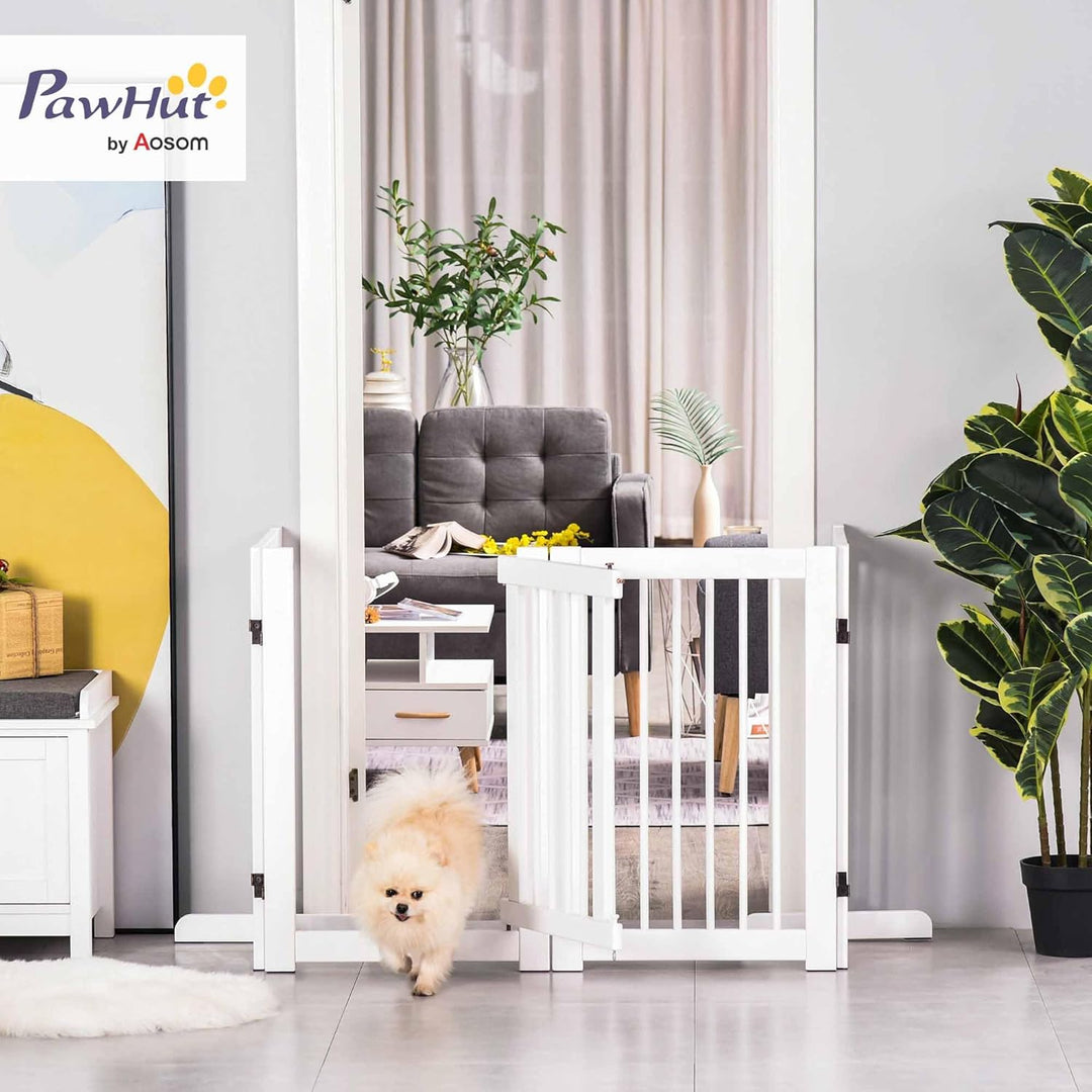 PawHut Absperrgitter Hunde 75 cm Schutzgitter aus Holz Freistehendes Hundegitter mit Tür Sicherheits