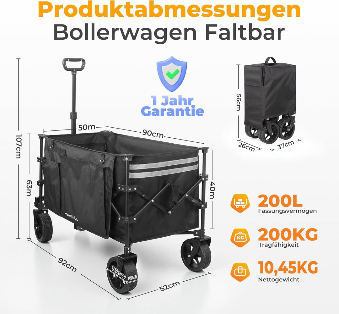 Homecall Bollerwagen Faltbar 200L, Bis 200KG mit Regenschutz, Bremsen | Strandwagen Klappbar mit Ref