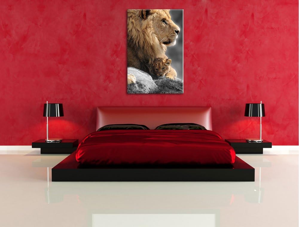 Löwe beschützt sein Löwenbaby schwarz/weiss Format: 100x70 auf Leinwand, XXL riesige Bilder fertig g