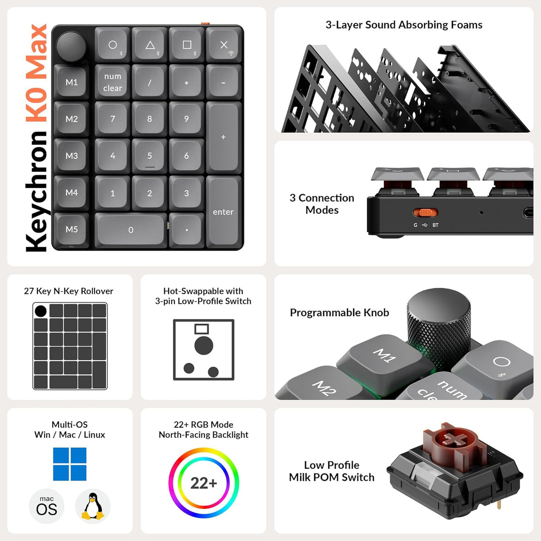 Keychron K0 Max Kabelloser Numpad, Low-Profile, programmierbar mit QMK/Launcher, 2,4 GHz &amp; Bluetooth
