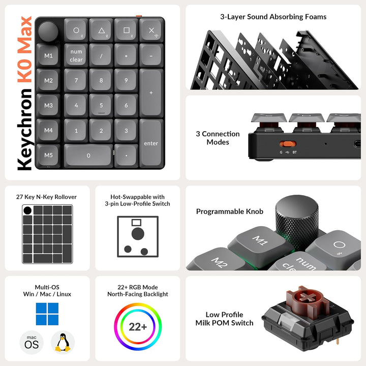 Keychron K0 Max Kabelloser Numpad, Low-Profile, programmierbar mit QMK/Launcher, 2,4 GHz &amp; Bluetooth