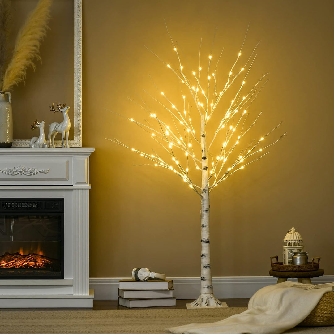 HOMCOM 150 cm Kunstbaum, Birkenbaum mit LED, Weihnachtsbaum Birken, Weihnachtsdeko Kunstbirke für Pa