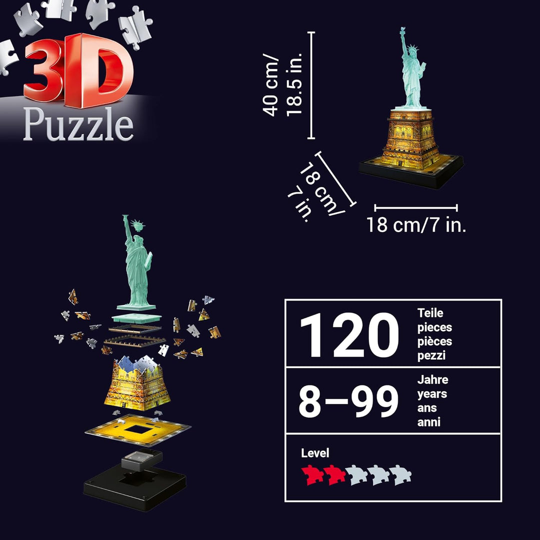 Ravensburger 3D Puzzle Freiheitsstatue bei Nacht 12596 - Das berühmte Bauwerk in New York als Night