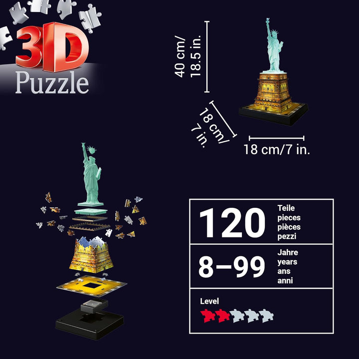 Ravensburger 3D Puzzle Freiheitsstatue bei Nacht 12596 - Das berühmte Bauwerk in New York als Night