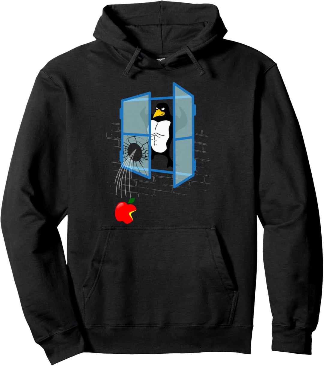 Linux-Pinguin wirft einen Apfel durchs Fenster Pullover Hoodie