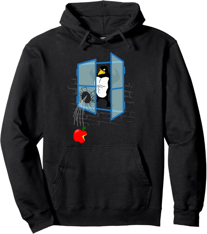 Linux-Pinguin wirft einen Apfel durchs Fenster Pullover Hoodie
