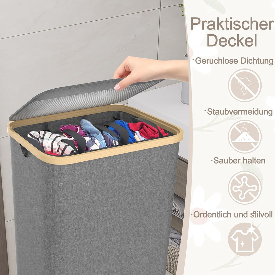 UISEBRT Wäschekorb mit Deckel, Wäschesammler 3 Fächer, 140L Wäschesack Schmal Faltbare Wäschekörbe,