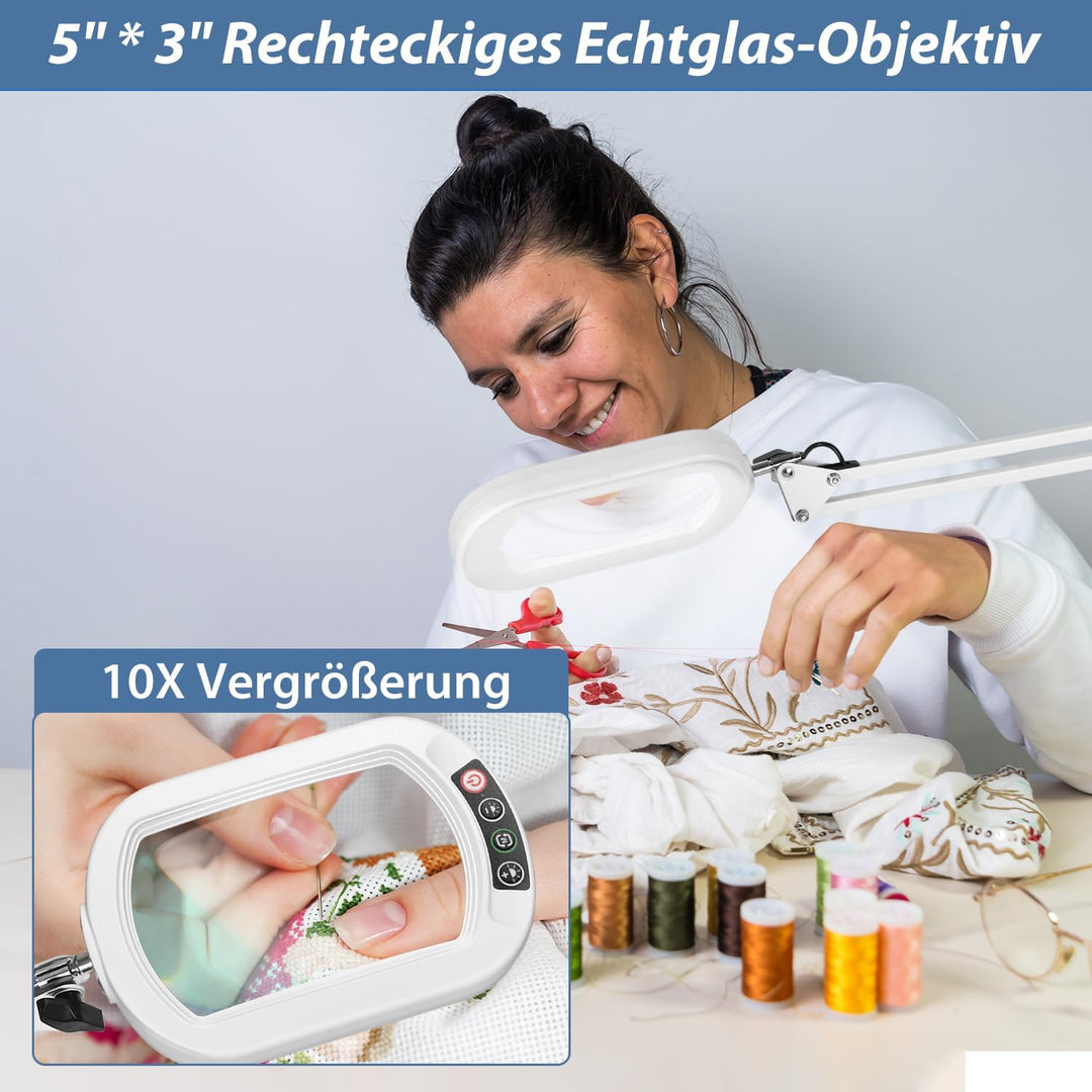Veemagni 10X Echtes Glas Rechteckige Lupe mit Licht und Klemme, 5 Farbmodi Stufenlos Dimmen, 2 * 16