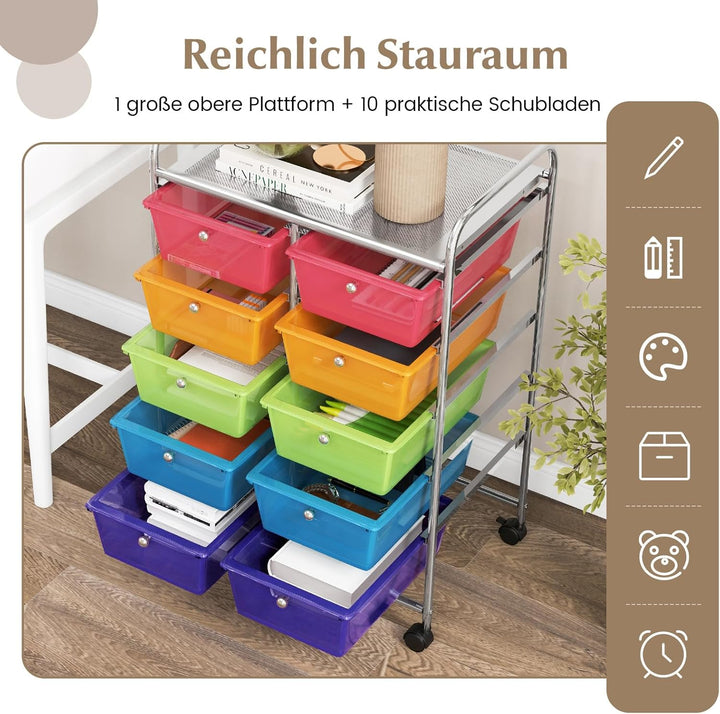 COSTWAY Rollwagen mit 10 stapelbaren Schubladen, Schubladenwagen, Rollcontainer mit Metallrahmen und