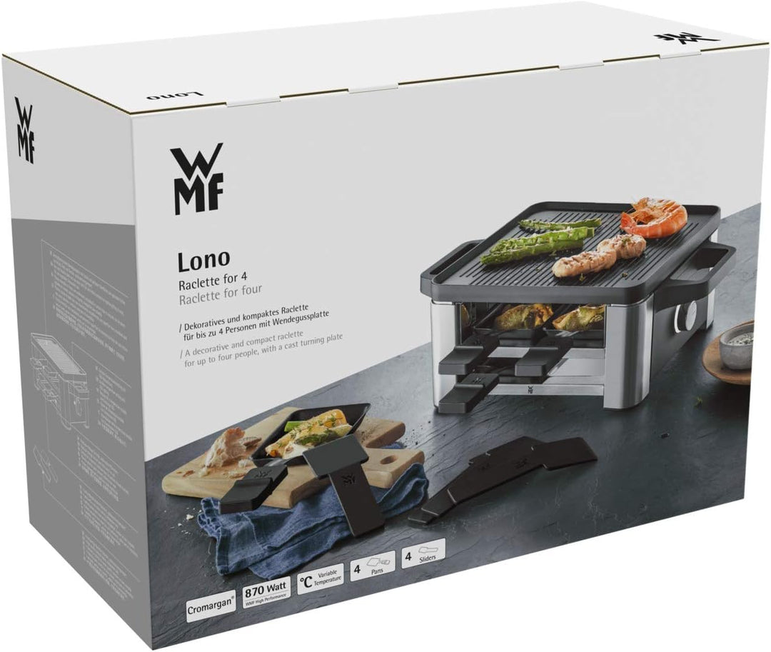 WMF Lono Raclette Grill mit Pfännchen und Schiebern, Raclette 4 Personen, 870 W, edelstahl