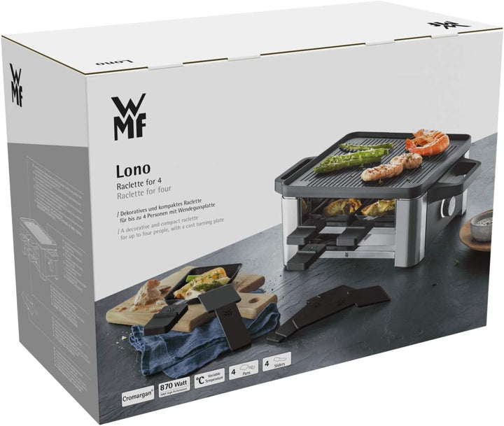 WMF Lono Raclette Grill mit Pfännchen und Schiebern, Raclette 4 Personen, 870 W, edelstahl