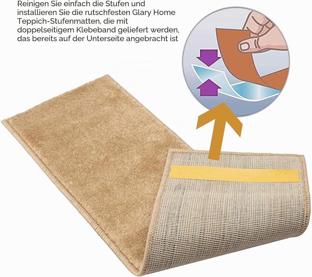 Glary Home 15er Set Stufenmatten 22cm x 71cm x 1.2cm Treppenteppich Selbstklebend / GH13A-DBE (Schli