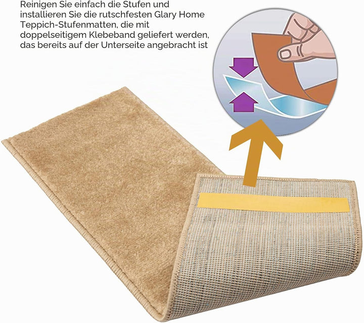Glary Home 15er Set Stufenmatten 22cm x 71cm x 1.2cm Treppenteppich Selbstklebend / GH13A-DBE (Schli