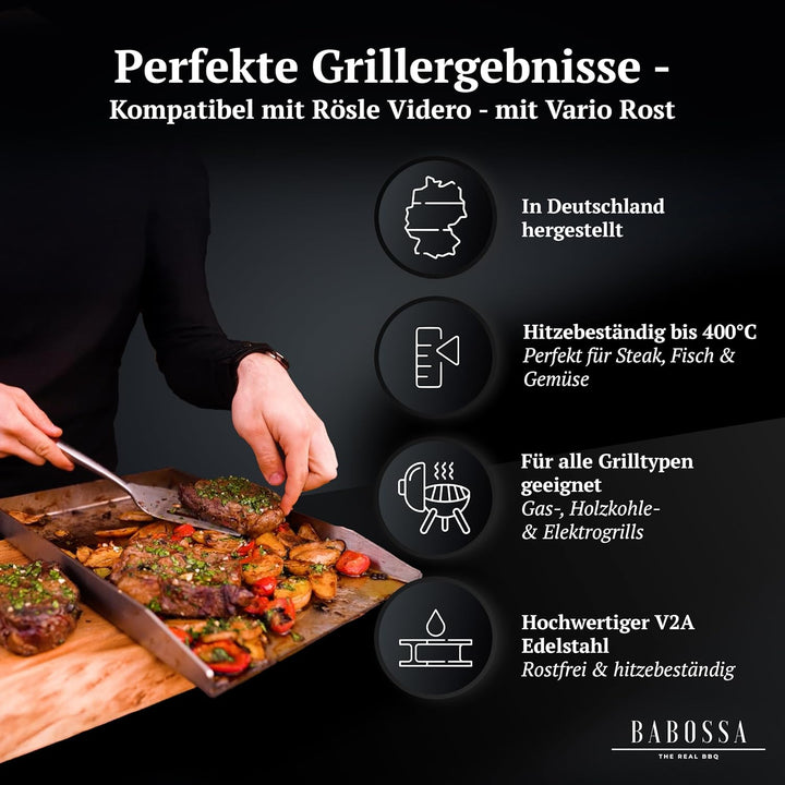 BABOSSA® Premium Plancha/Grillplatte [23.5x44.5cm] kompatibel mit Rösle Videro mit Vario Rost | Mass