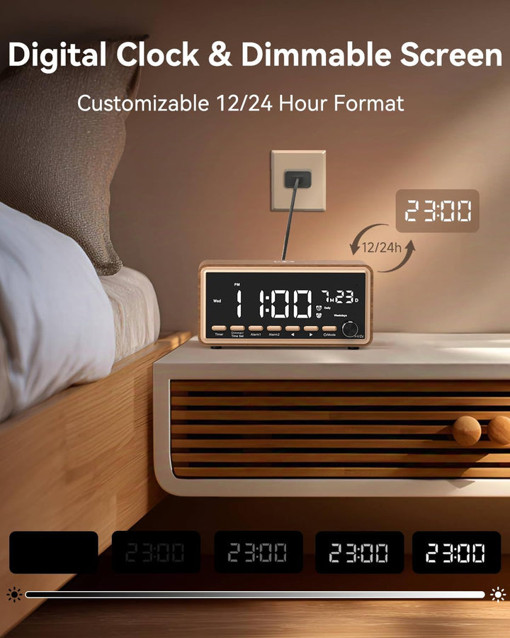 Wecker Digital mit FM-Radio, Dual-Alarm, Bluetooth Lautsprecher, White Noise Machine, Wireless Charg