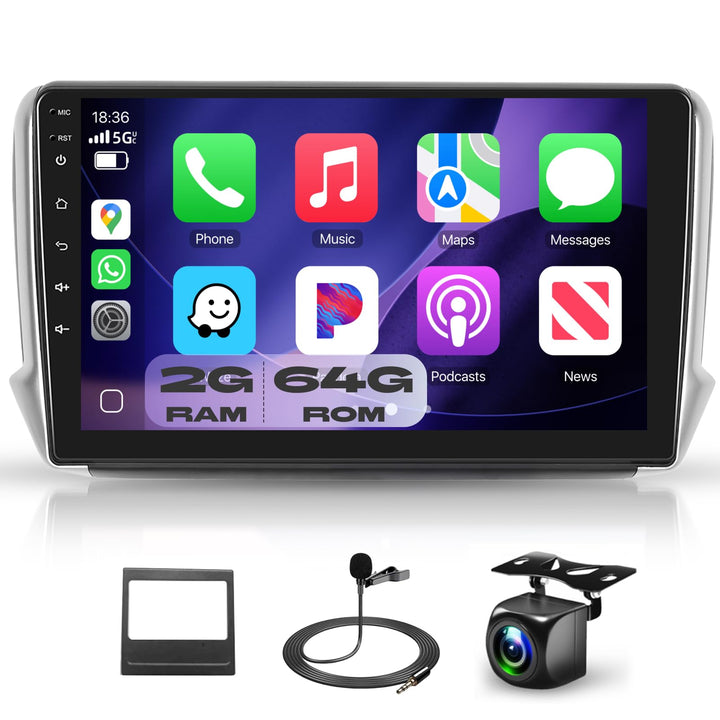 Podofo Autoradio für Peugeot 208/2008 2012-2018 mit Wireless Carplay Android Auto, 10.1 Zoll IPS Tou
