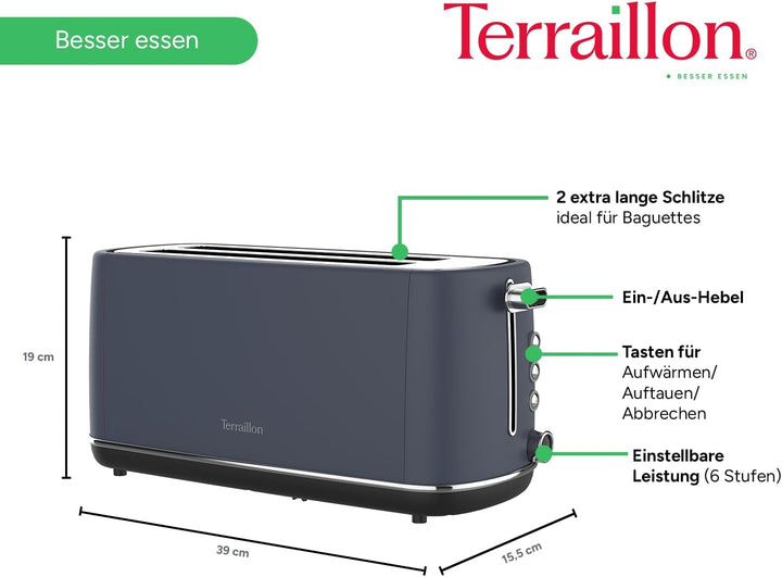 TERRAILLON New Moon langer Toaster, 2 extra grosse Schlitze, 6 Leistungsstufen (1550 W) – Auftauen,