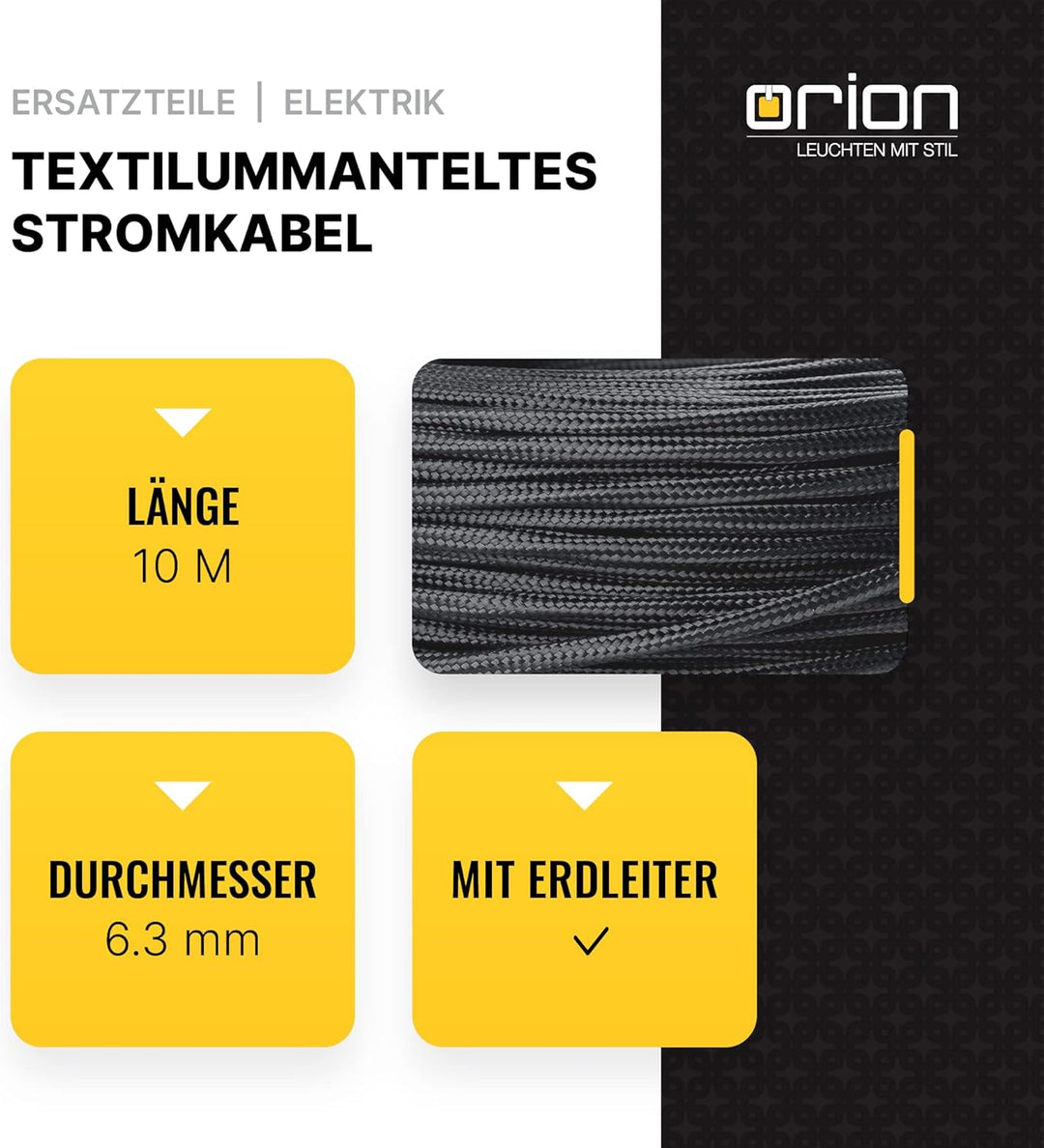 ORION LIGHTSTYLE Textilkabel für Lampen, 10 m Schwarz, 3-adrig, (3x 0,75 mm²) - Kunststoff Stromkabe