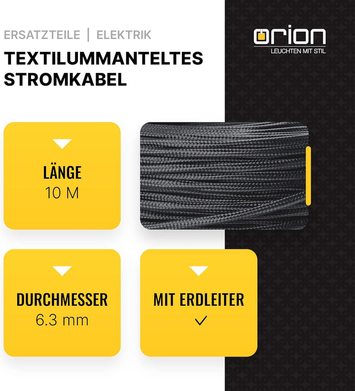 ORION LIGHTSTYLE Textilkabel für Lampen, 10 m Schwarz, 3-adrig, (3x 0,75 mm²) - Kunststoff Stromkabe