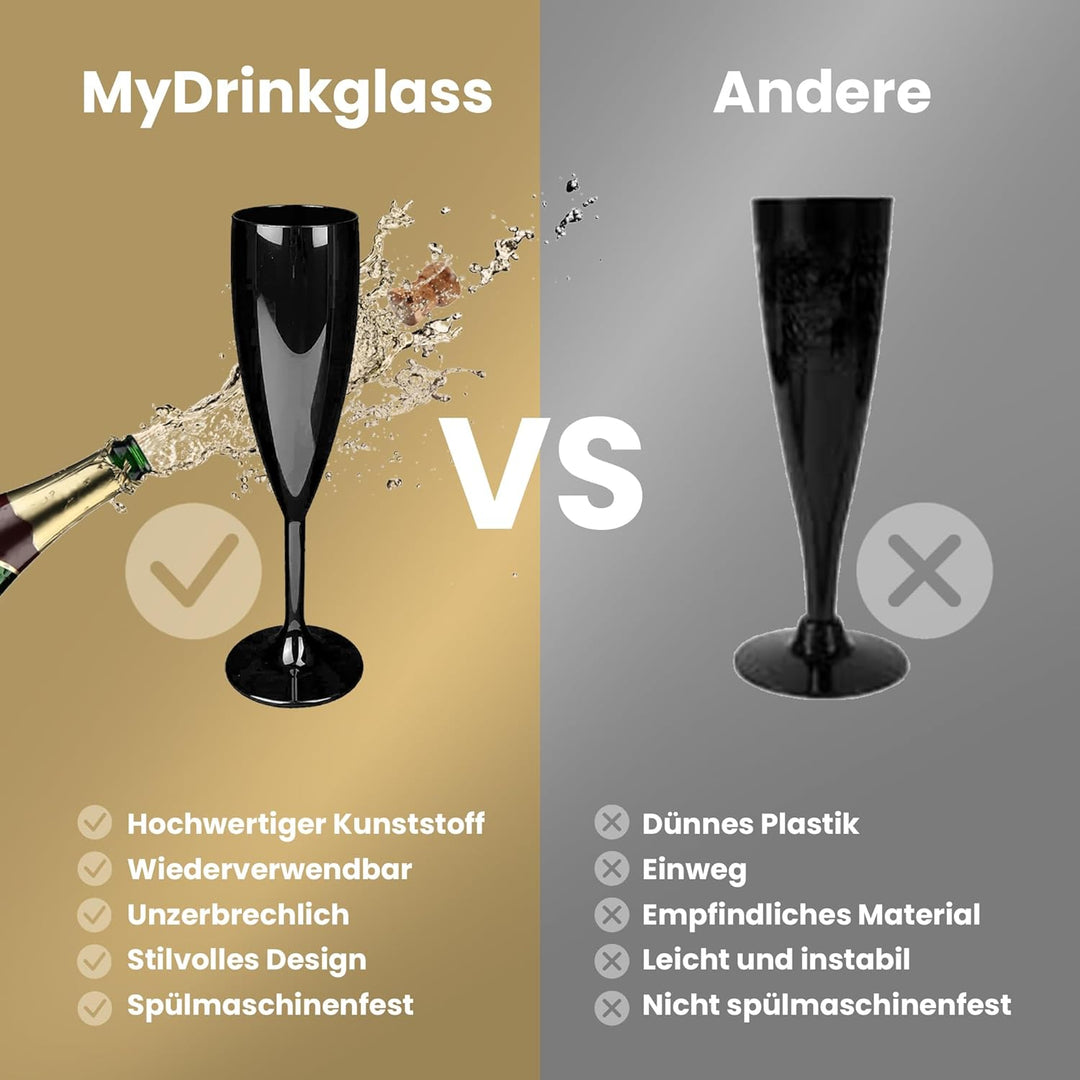 MyDrinkglass Sektgläser Plastik Givet | Schwarz Champagner Gläser | 4 Stück | Kunststoff Gläser | Ca