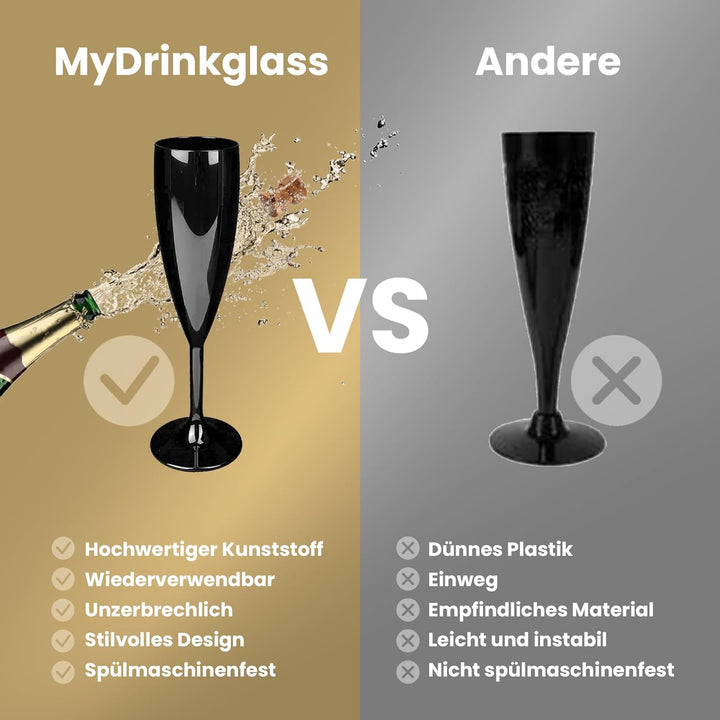 MyDrinkglass Sektgläser Plastik Givet | Schwarz Champagner Gläser | 4 Stück | Kunststoff Gläser | Ca