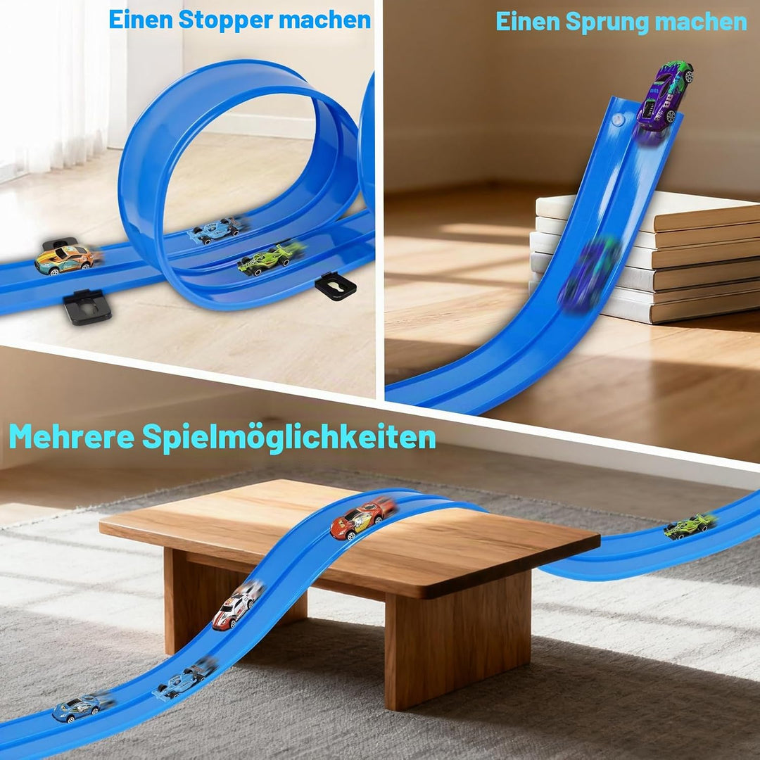 Autorennbahn 4.5M Rennbahn Kinder, Rennstrecke Auto Spielzeug mit 4 Autos und Aufbewahrungstasche, D